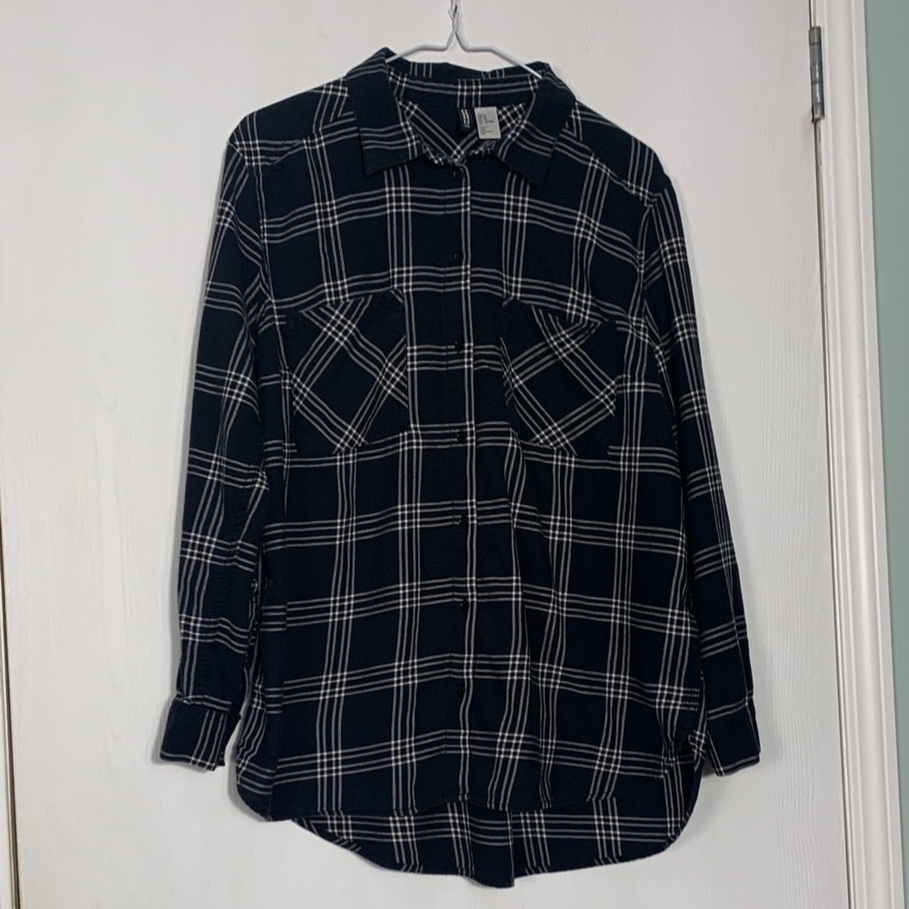 H&M Checkered Black and White Plaid Button Up Shirt Size 12 Grunge 90s Cabincore